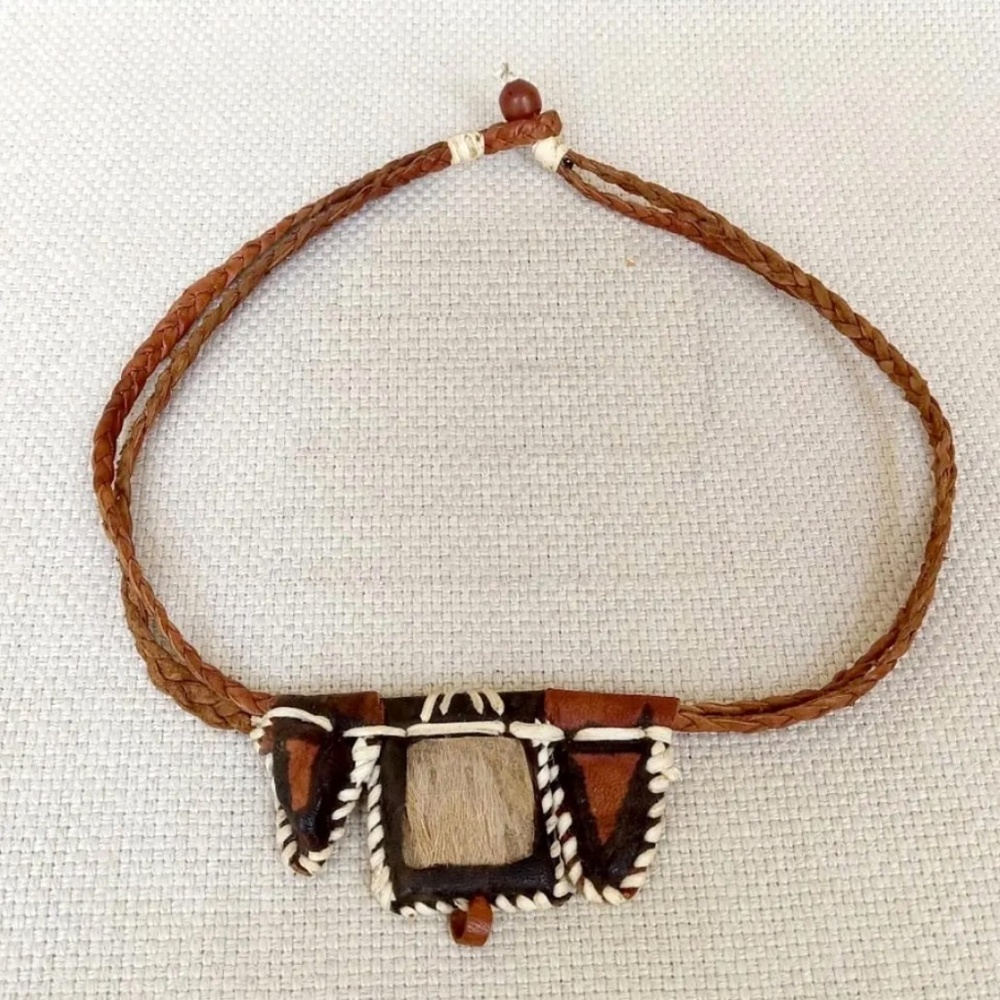African Tribal Leather Necklace Choker Fur Hand Painted Vintage Jewellery